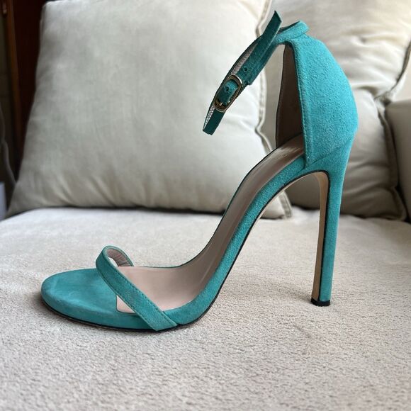 Stuart Weitzman Nudist Turquoise Teal Suede Stiletto Heeled Sandals Women 5 M - Picture 1 of 16